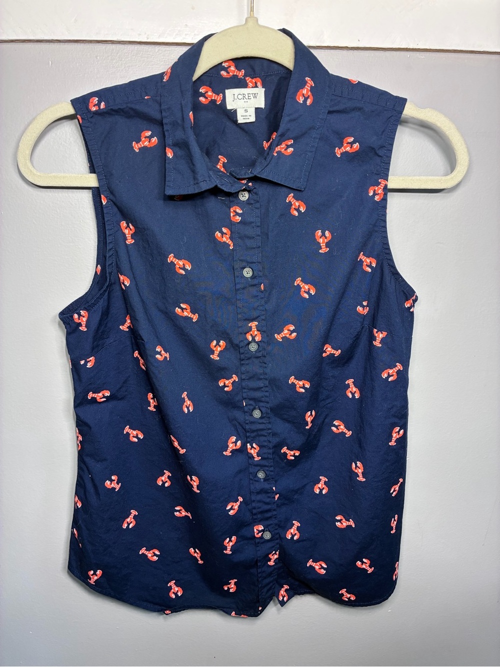 J. Crew Navy Sleeveless Button-Up Top with Lobster Print